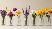Colorful wildflowers in glass jars arranged in a row on a light beige background, featuring lavender, daisies, and marigolds.