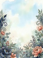 Soft watercolor floral border with navy and blush peonies, green leaves, and swirling vines framing a light pastel background for cards or invitations.