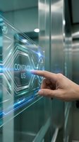 Hand touching futuristic holographic contact us interface with glowing blue digital elements in modern office environment for business communication technology.