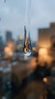 Single water drop falling against blurred city lights background with warm bokeh effect creating atmospheric mood for weather and urban concepts.