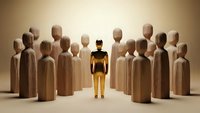 Young Asian woman in yellow outfit standing confidently among wooden figure crowd representing leadership, individuality and standing out concept.