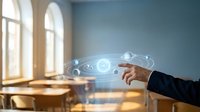Businessman hand touching glowing digital interface with connected nodes and data visualization in modern office with sunlit windows, representing technology innovation and business solutions.