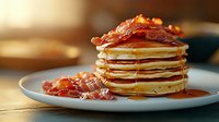 Stack of fluffy pancakes topped with crispy bacon and maple syrup on white plate, warm morning light creating cozy breakfast atmosphere for food photography.