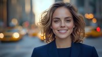 Young professional woman with wavy blonde hair and bright smile wearing navy blue blazer against blurred urban background with bokeh lights and city traffic.