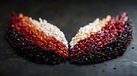 Colorful rice grains arranged in wing shape pattern on dark background, showing gradient from black through red to white, creating artistic food composition.