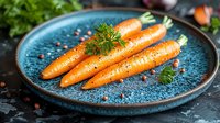Fresh whole organic carrots seasoned with black pepper and herbs served on rustic blue ceramic plate, dark food photography with natural lighting.