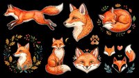 Cute watercolor fox clipart set isolated on transparent background, ready for stickers, t-shirt design, print on demand, and sublimation projects.