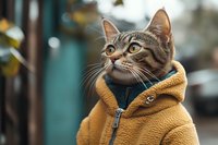 Tabby cat wearing yellow jacket outdoors, looking upward with curious expression. Suitable for pet fashion, animal lifestyle, and humorous greeting card designs.
