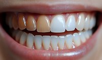 Close-up of teeth showing dental whitening before and after effect with one front tooth notably whiter than surrounding teeth, demonstrating cosmetic dentistry results.