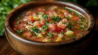 Fresh vegetable soup with diced tomatoes, herbs and greens served in rustic wooden bowl on natural background for healthy cooking and dining concepts.