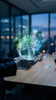 Businessman hands holding glowing digital tree with renewable energy icons in modern office environment representing sustainable business growth and eco innovation.