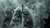 Anatomical lungs surrounded by cigarette smoke on dark background highlighting dangers of tobacco use and respiratory health concerns in medical education context.