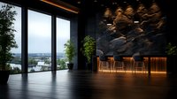 Modern luxury interior with dramatic stone wall, ambient lighting, and panoramic windows overlooking city landscape. Bar counter with wooden stools creates elegant hospitality space.