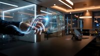 Businessman touching holographic financial data interface with charts and graphs in modern office environment for digital transformation concepts.