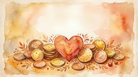 Watercolor heart with golden coins and decorative flourishes on textured paper background for romantic financial themes and prosperity designs.