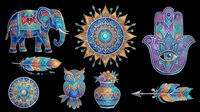Colorful mandala elephant, sun, hamsa hand, feather, owl, and pot designs with ornate patterns isolated on transparent background, ready for t-shirts, stickers, clipart, sublimation, and print-on-demand projects.