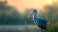 Majestic blue heron standing in wetland habitat during golden sunset, side view portrait against blurred natural background with marsh grass and warm evening light.