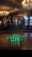 Green dice with white dots arranged on a gaming table in a casino setting with blurred background of players and neon lights for gambling and entertainment concepts.