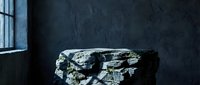 Dark moody stone podium on textured slate wall background with dramatic window light, perfect for product display and presentation.