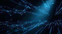 Glowing blue digital network with connected nodes and data streams on dark background, representing technology, cybersecurity, and big data concepts.