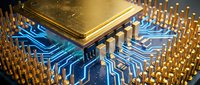 Golden microchip with glowing blue circuit pathways and copper pins, representing advanced technology, artificial intelligence, and semiconductor innovation for computing and electronics.