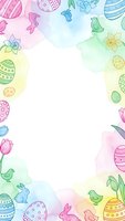 Watercolor Easter frame with decorated eggs, bunnies, chicks and spring flowers on pastel background. Holiday greeting card template for seasonal celebrations.