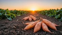 Fresh organic carrots harvested from fertile farmland at golden hour sunrise, showcasing sustainable agriculture and farm-to-table produce concept.
