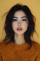 Young Asian woman with natural makeup wearing orange knit sweater against yellow background. Dark messy hair frames face with subtle blush and coral lips.