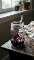 Rustic mason jar with dark berry jam and vintage spoon on weathered wood table, soft natural window light, moody farmhouse kitchen style.