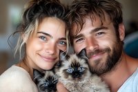 Happy diverse couple holding two Siamese cats with blue eyes, smiling at camera. Close up portrait showing genuine emotions and connection between pets and owners.