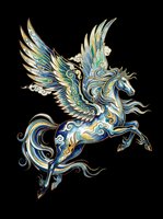 Ornate blue and gold pegasus with spread wings, isolated on transparent background. Great for t-shirts, stickers, sublimation, print on demand, and clipart design use.