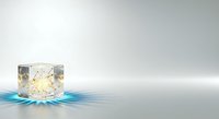 Glass cube filled with ice and water splashing dynamically on reflective surface, isolated on white background for beverage, refreshment and cooling product design use.