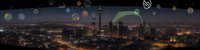 Night cityscape with illuminated skyscrapers and floating digital network icons representing connectivity and smart city technology for urban innovation concepts.