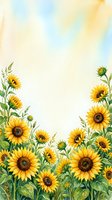 Watercolor sunflower border frame with yellow blooms and green leaves on soft pastel background for greeting cards and invitations.
