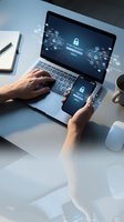 Cybersecurity professional using laptop and smartphone for secure login authentication with digital network connections and data protection interface.