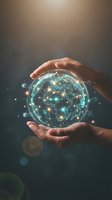 Hands protecting glowing digital Earth globe with network connections and data points representing global technology and environmental protection concepts.