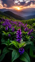 Dramatic mountain sunset over purple wildflowers meadow, sun rays pierce through dramatic clouds, vibrant green foliage and rolling hills create layered landscape.