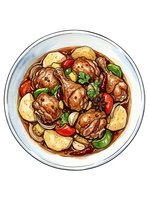 Overhead view of glazed meatballs with potatoes, peppers and herbs in savory sauce served in white bowl for dinner recipes and meal planning.