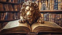 Golden lion statue resting paws on open antique book against blurred library background with vintage leather-bound volumes on wooden shelves. Wisdom and knowledge concept.