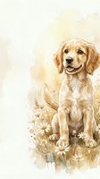 Watercolor golden retriever puppy sitting in wildflower meadow with daisies on soft beige background for pet lover designs and spring decorations.