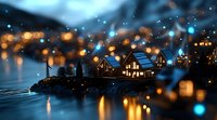 Cozy illuminated lakeside cabins with glowing windows reflect on calm water at dusk, surrounded by magical bokeh lights creating dreamy winter atmosphere.
