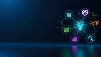 Digital business innovation concept with glowing icons connected by network lines on dark blue background for technology presentations.
