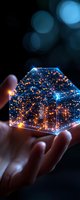 Glowing digital house wireframe with orange light particles floating in human hand against dark background, representing smart home technology and innovation.