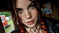 Young Caucasian woman with wet hair and intense blue eyes wearing black leather jacket in urban setting with dramatic lighting and bokeh background.