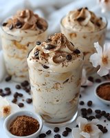 Creamy coffee dessert in glass with whipped topping, chocolate chips, and caramel swirls, garnished with cocoa powder and coffee beans on white surface.