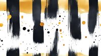 Abstract black brush strokes and gold splatter on white background. Modern artistic composition with contrasting colors and dynamic paint texture.