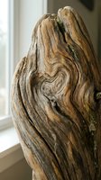 Weathered driftwood sculpture with natural grain patterns and moss accents displayed indoors as rustic home decor element.