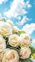 Fresh cream-colored roses against bright blue summer sky with white fluffy clouds, creating romantic atmosphere for wedding and celebration backgrounds.
