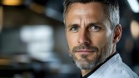 Confident mature Caucasian businessman with gray beard in white shirt looking at camera in modern office environment for corporate presentations.