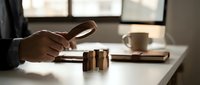 Business professional using smartphone at modern office desk with wooden blocks and coffee cup in warm natural lighting for productivity concepts.